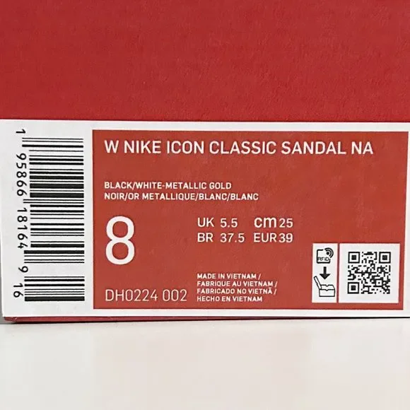 Nike Wmns Icon Classic “Black Metallic Gold” Women’s Size 6-9 White Sandals - Picture 10 of 11